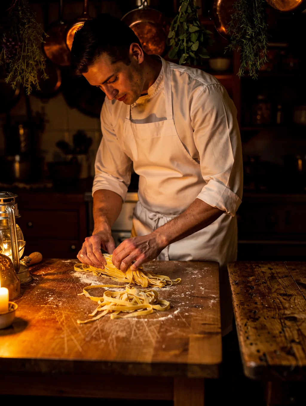 Chef hand-rolling fresh pasta in our open kitchen
