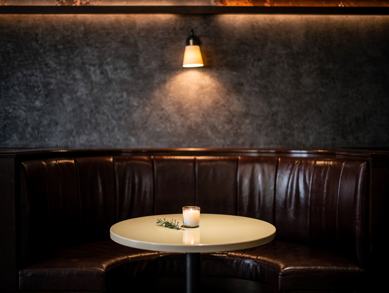 Intimate dining booth under stone archways
