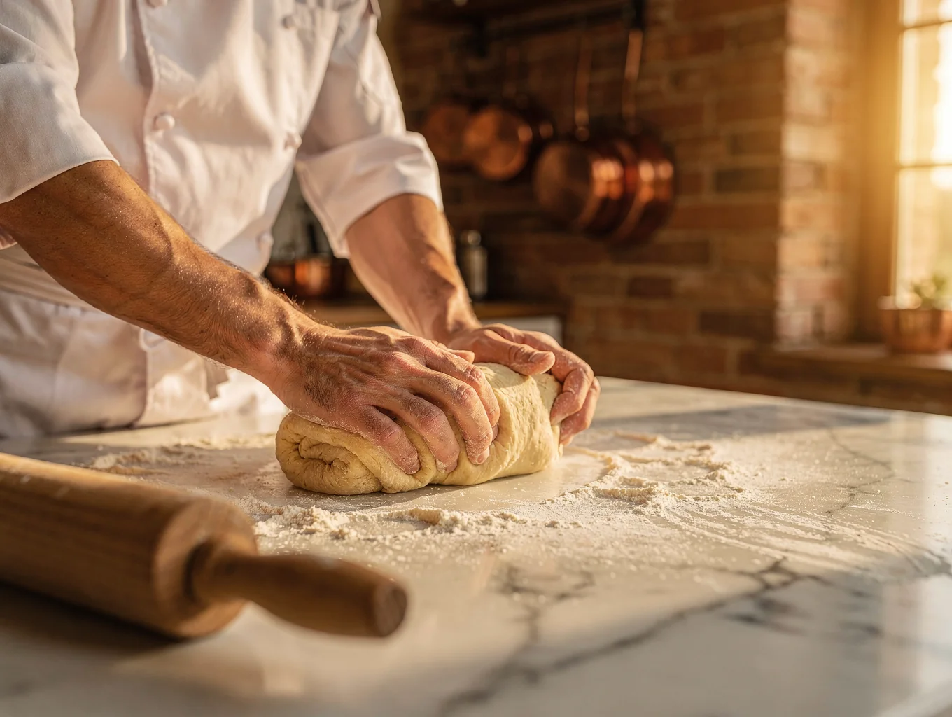 Fresh pasta dough on a floured wooden surface